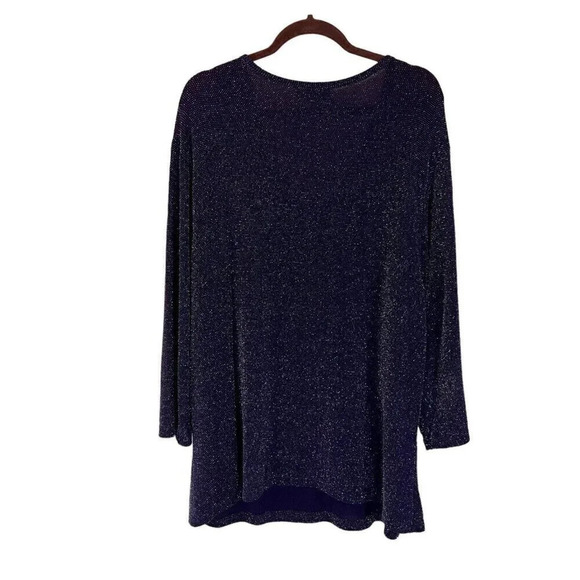 Self Esteem Glitter Blouse Dark Eggplant Purple V Neck Slinky Stretch Glitzy Top - Picture 2 of 7
